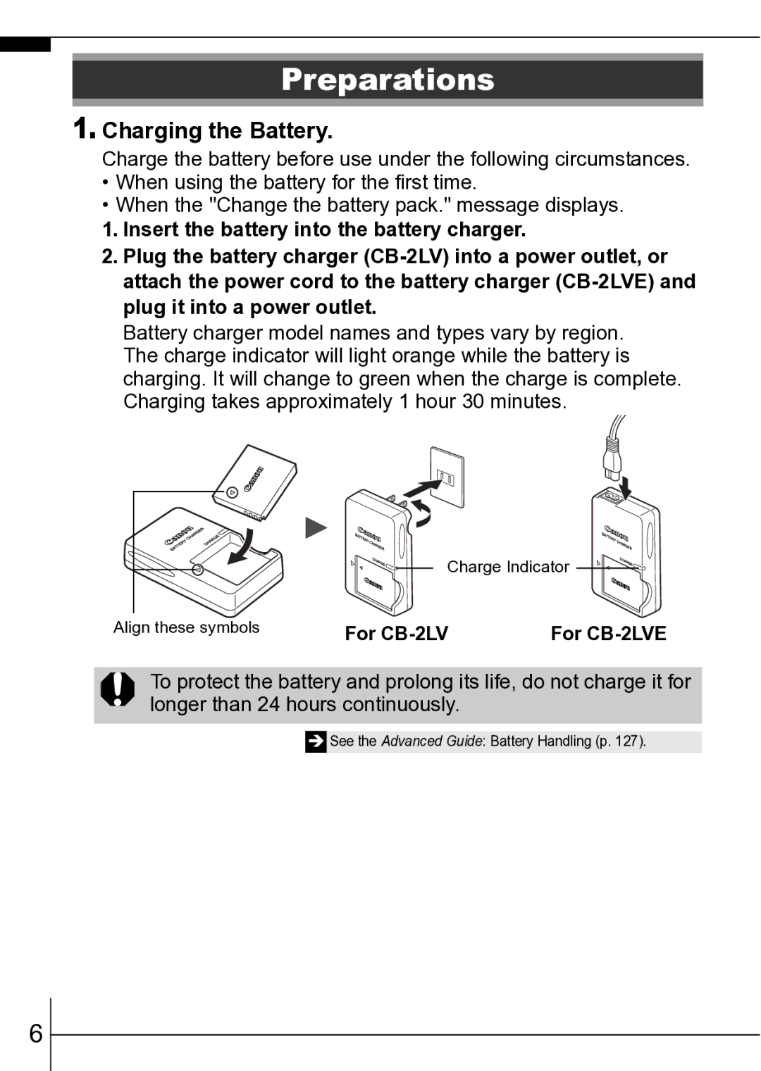 Canon ES75 manual Preparations, Charging the Battery, For CB-2LV 