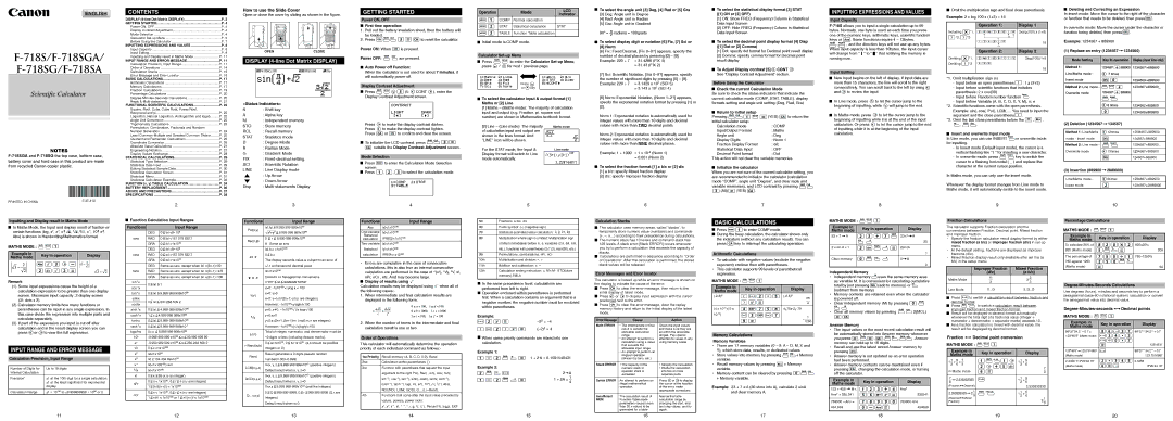 Canon F-718G, F-718SA manual Contents, Getting Started, Inputting Expressions and Values, Input Range and Error Message 