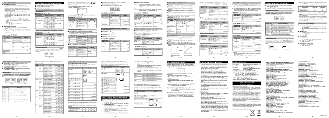 Canon F-718SGA Functional Scientific Calculations, Statistical Calculations, Battery Replacement, Advice and Precautions 