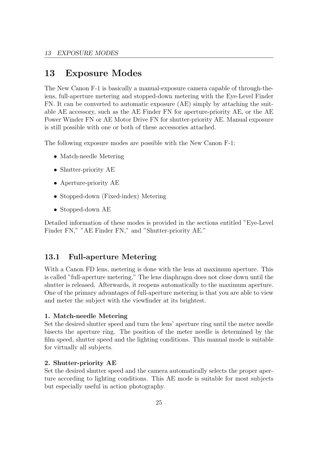 Canon F1-N manual Exposure Modes, Full-aperture Metering 