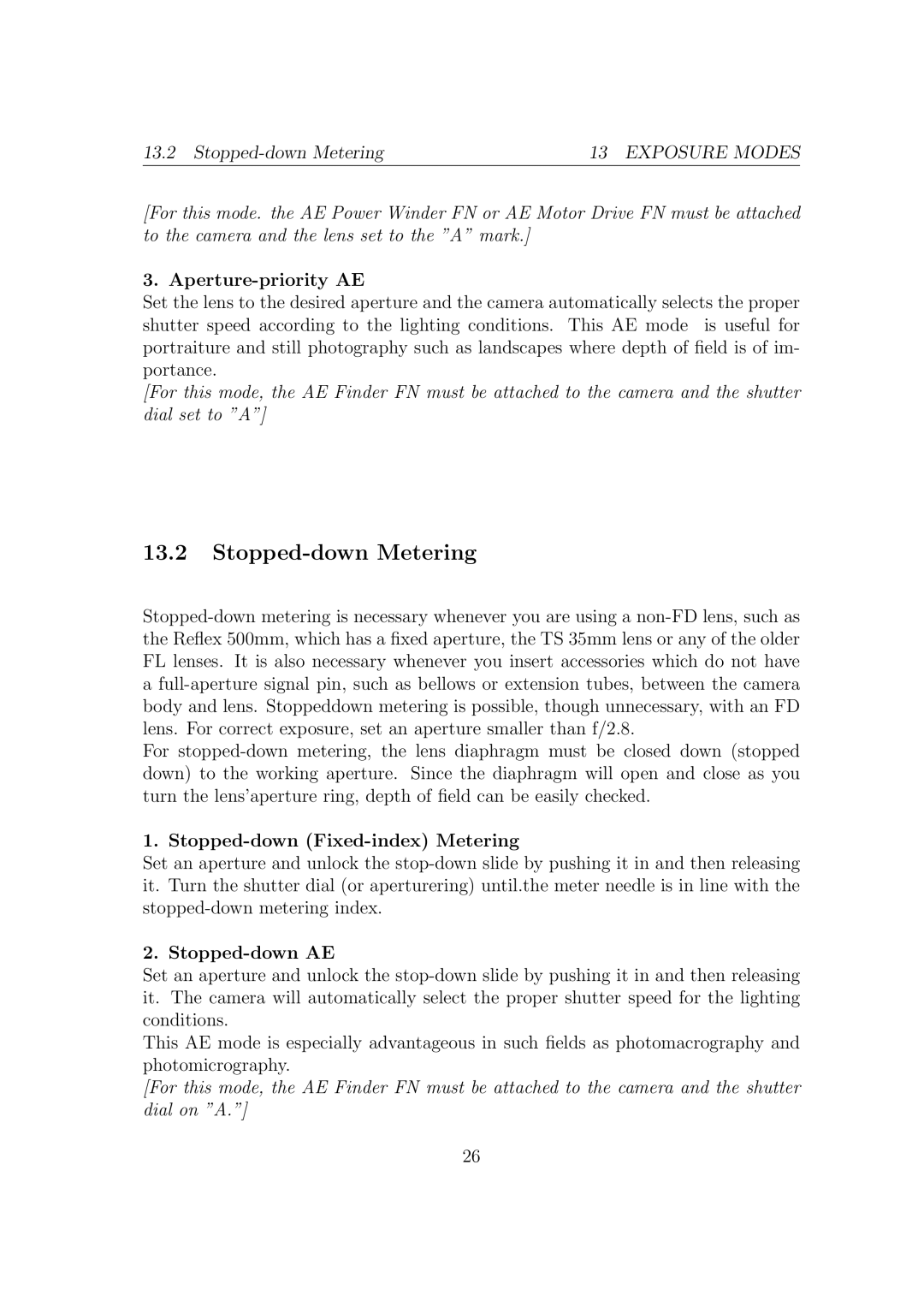 Canon F1-N manual Stopped-down Metering 