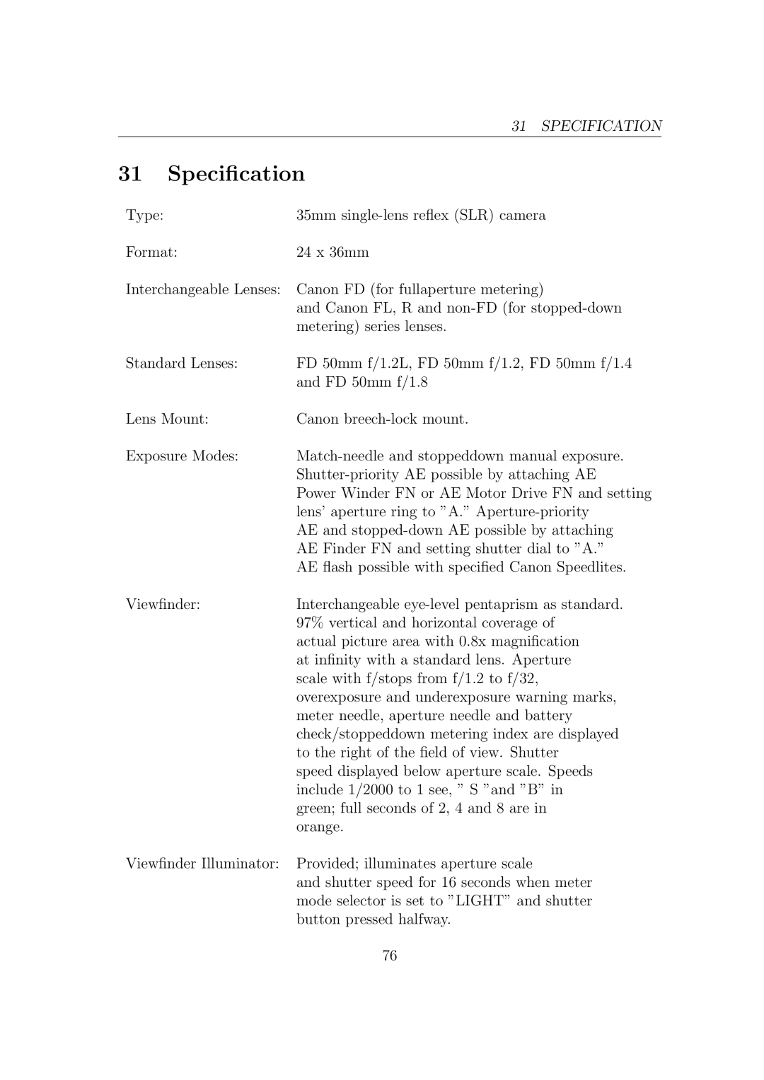 Canon F1-N manual Speciﬁcation 