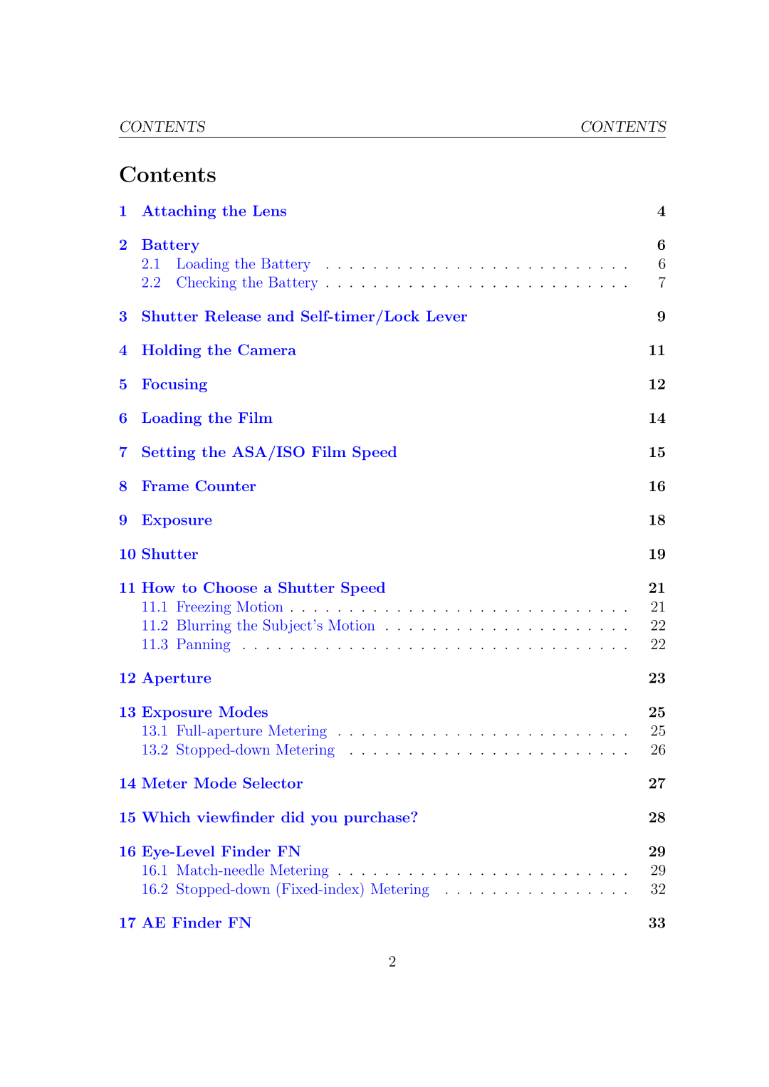 Canon F1N Camera manual Contents 