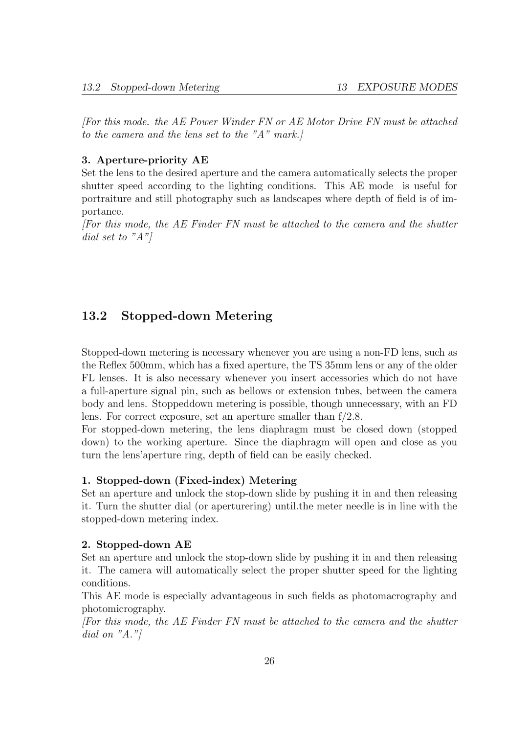 Canon F1N Camera manual Stopped-down Metering 