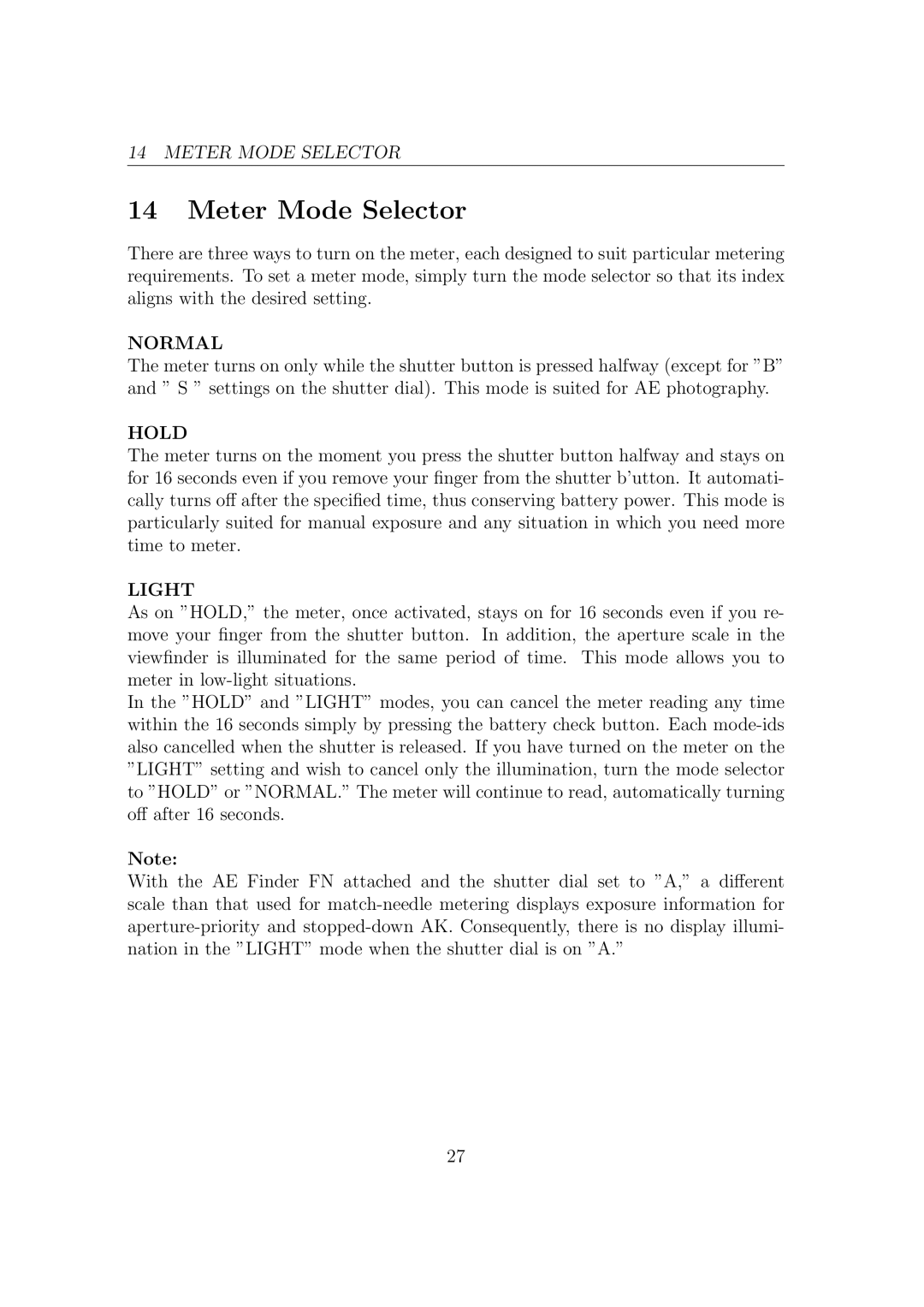 Canon F1N Camera manual Meter Mode Selector, Normal 