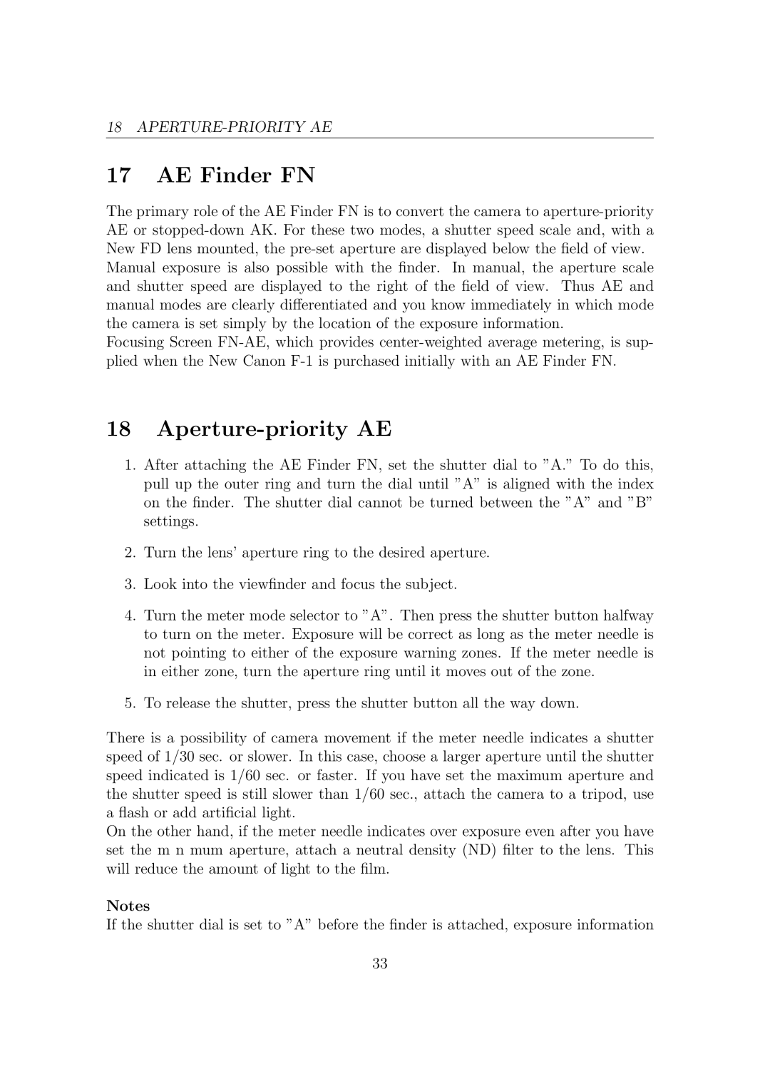 Canon F1N Camera manual AE Finder FN, Aperture-priority AE 