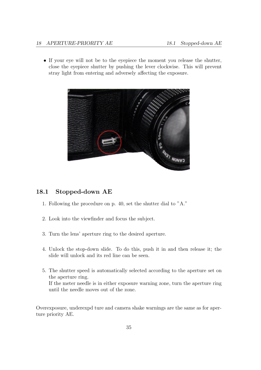 Canon F1N Camera manual Stopped-down AE 