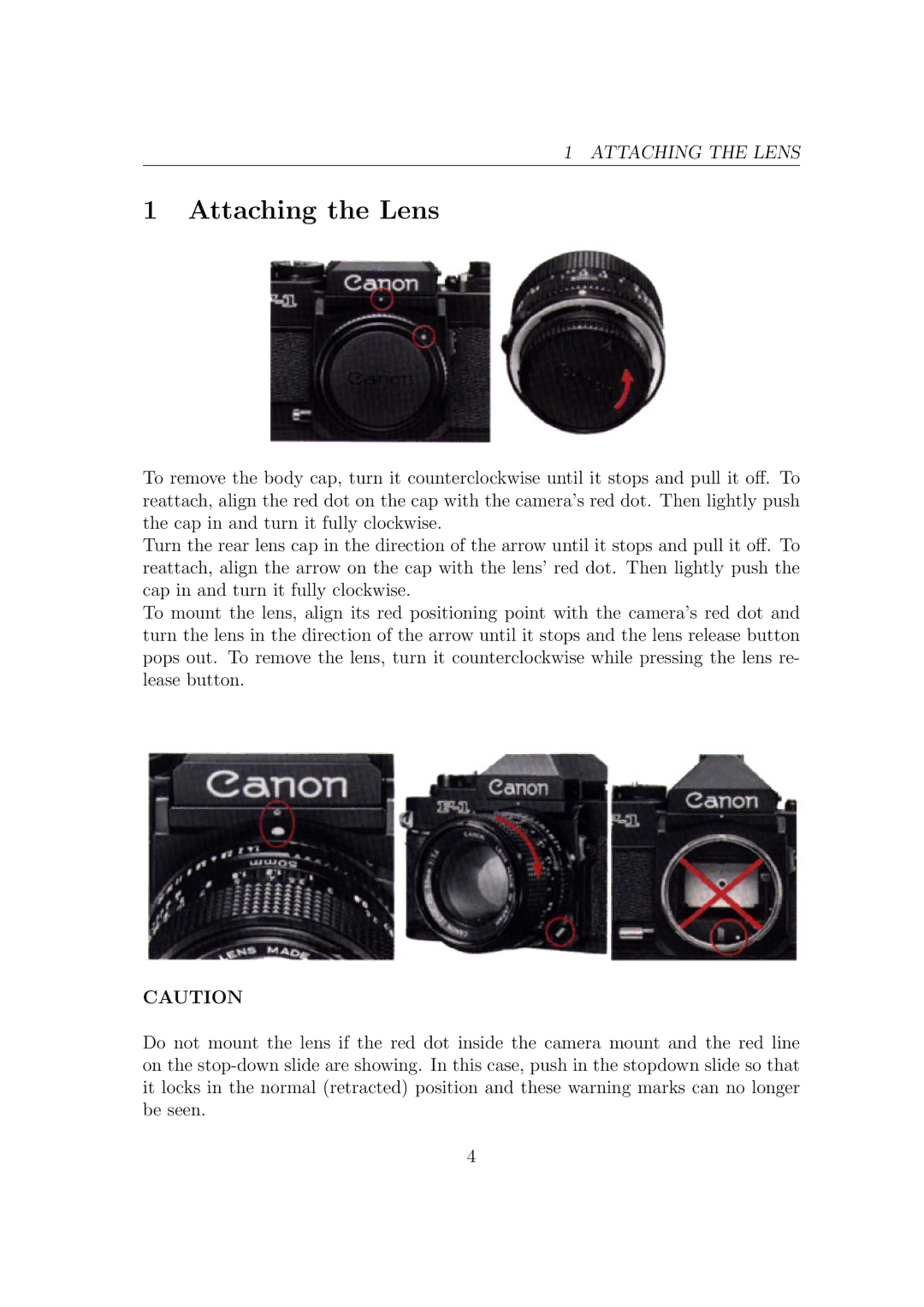 Canon F1N Camera manual Attaching the Lens 