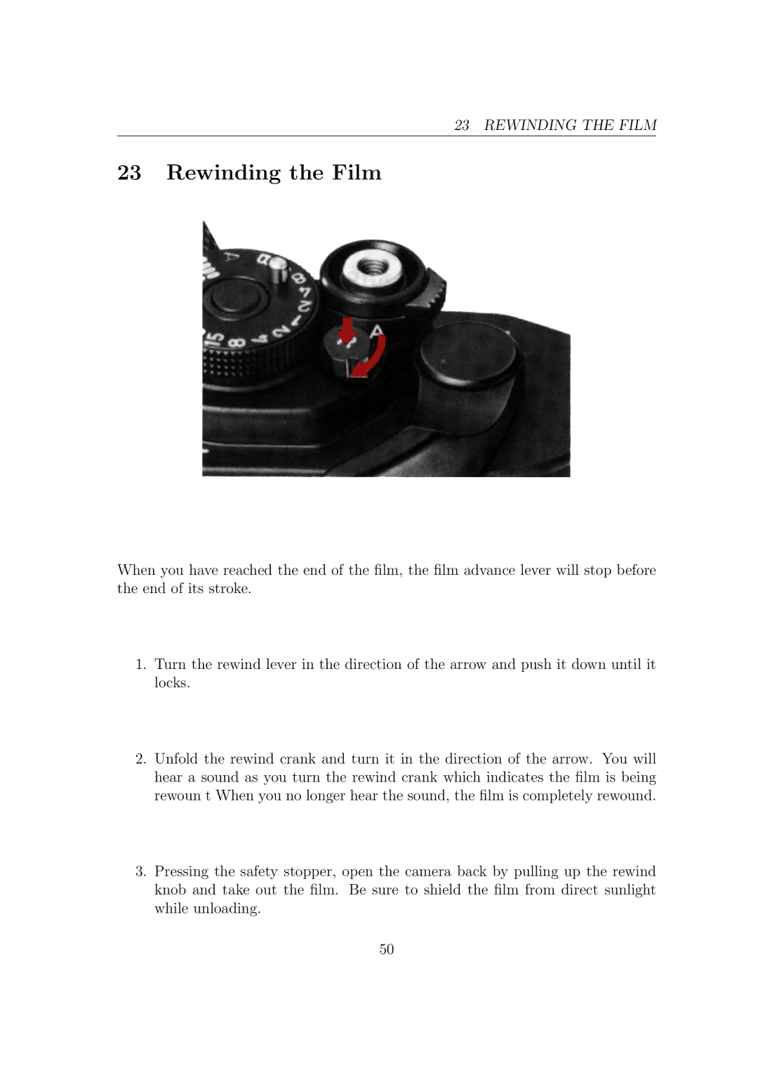 Canon F1N Camera manual Rewinding the Film 