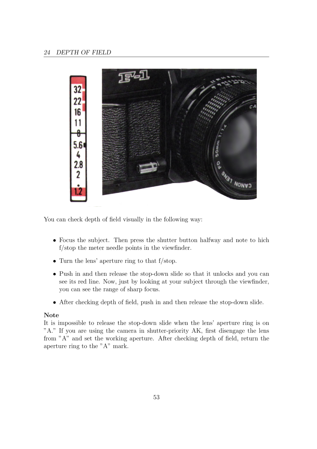 Canon F1N Camera manual Depth of Field 