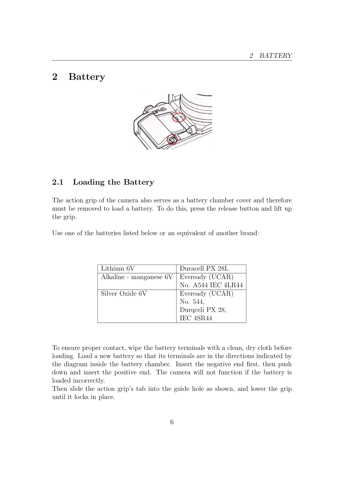 Canon F1N Camera manual Loading the Battery 