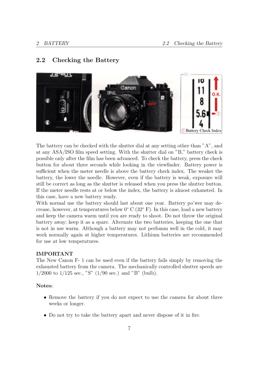 Canon F1N Camera manual Checking the Battery 