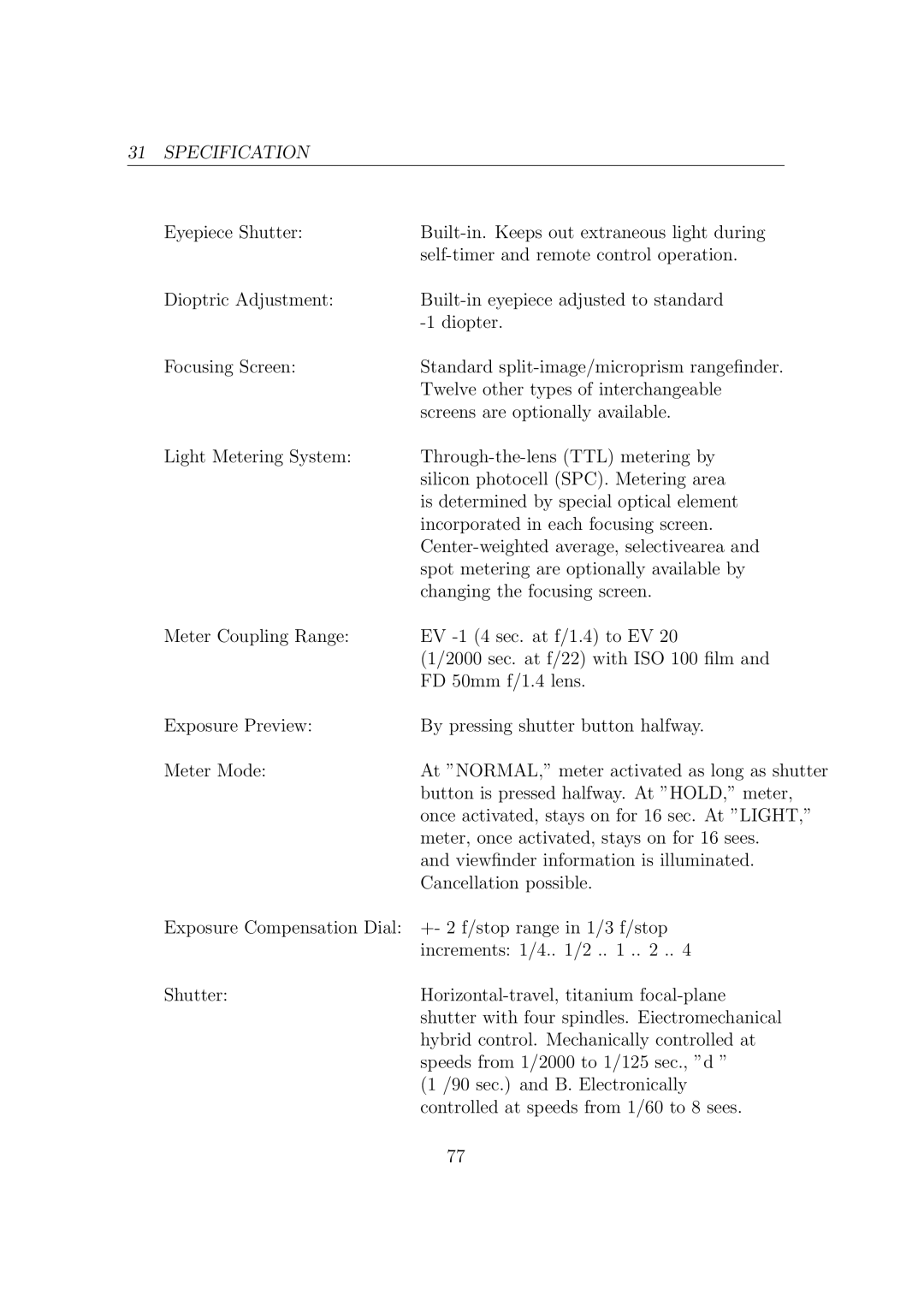 Canon F1N Camera manual Specification 