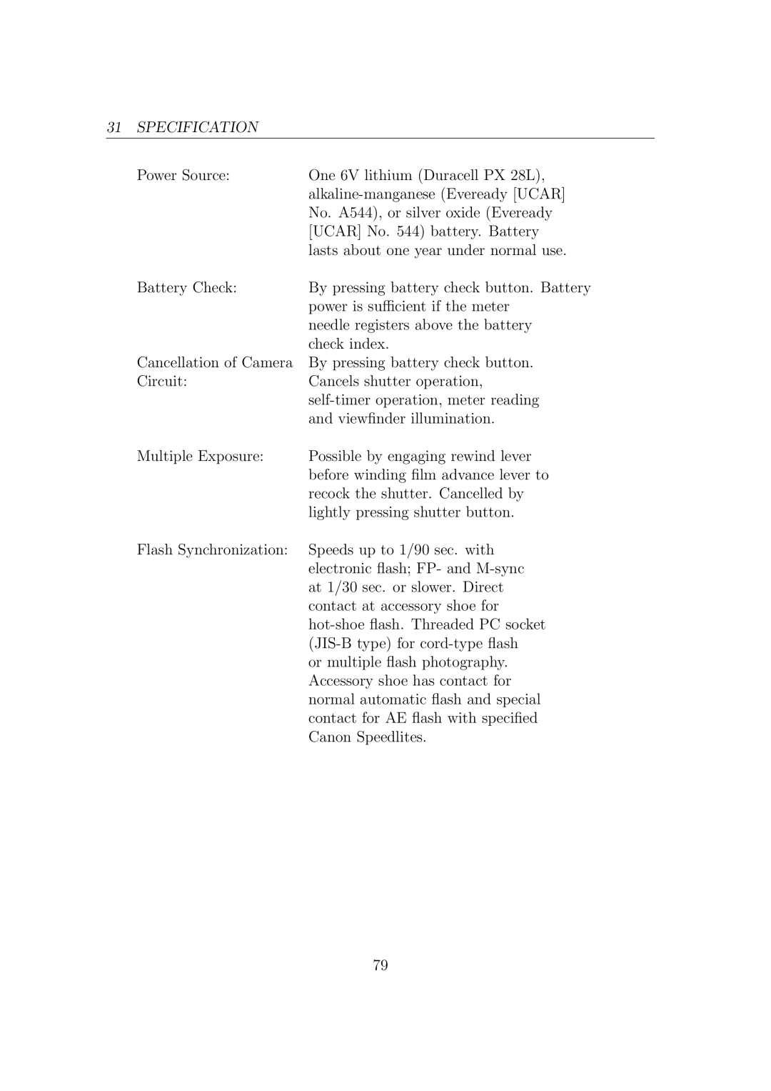 Canon F1N Camera manual Specification 