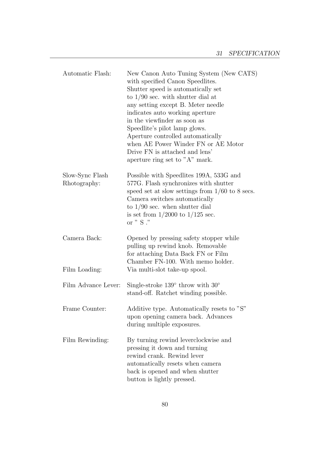 Canon F1N Camera manual Specification 