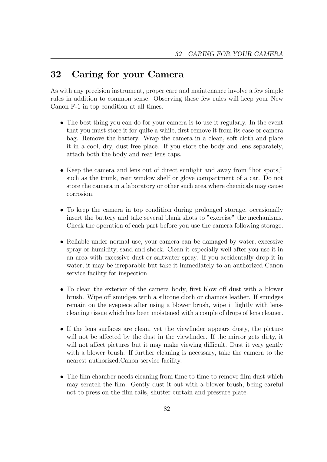 Canon F1N Camera manual Caring for your Camera 