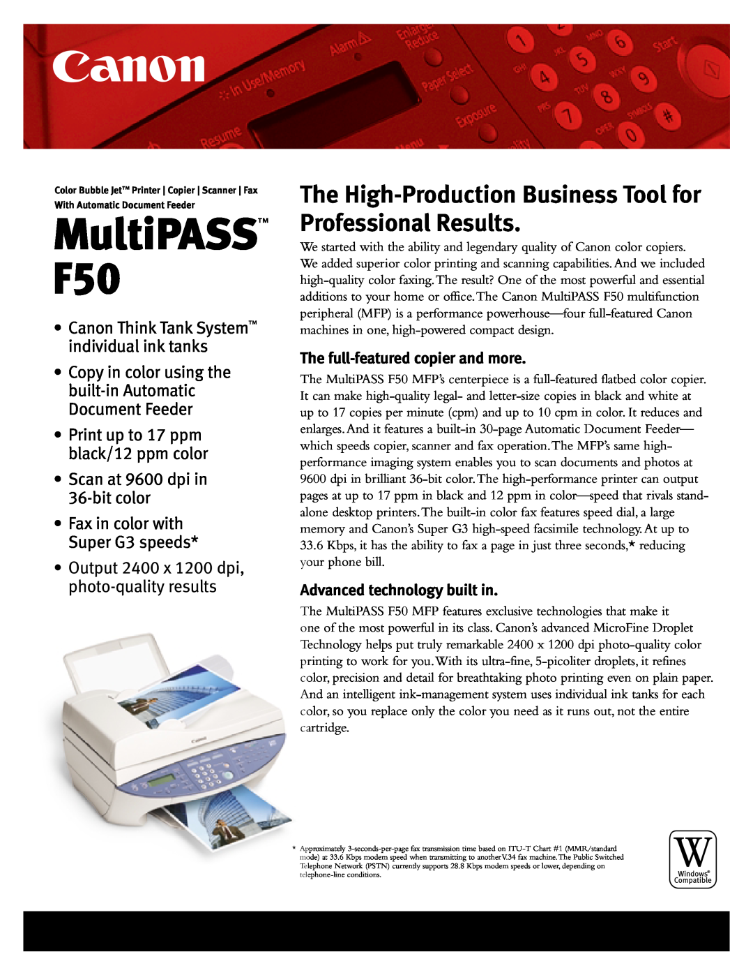 Canon manual MultiPASS F50, The full-featured copier and more, Advanced technology built in 