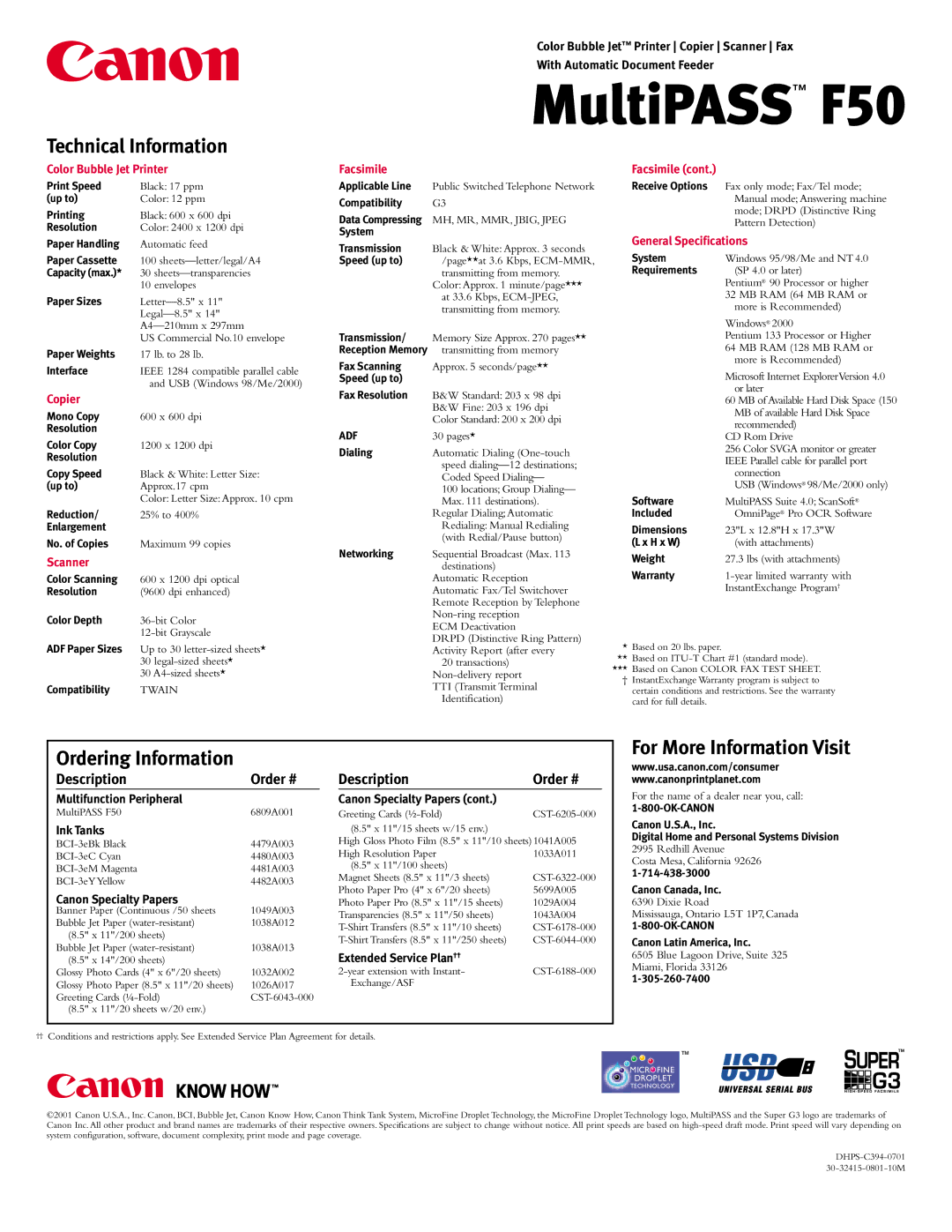 Canon F50 manual Technical Information, Ordering Information, For More Information Visit 