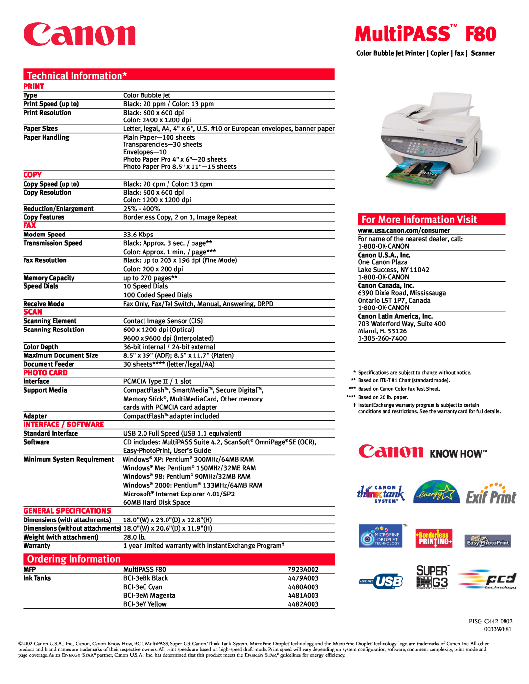 Canon manual MultiPASS F80, Technical Information, For More Information Visit, Ordering Information, Print, Copy, Scan 