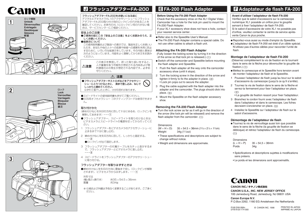 Canon user manual Attaching the FA-200 Flash Adapter, Removing the FA-200 Flash Adapter 