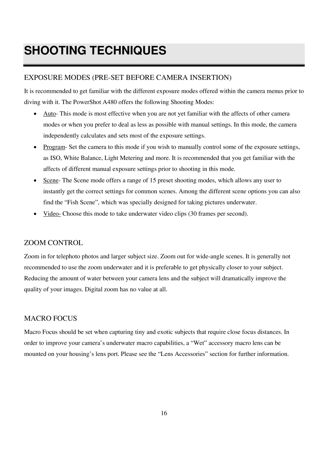 Canon FA-480 manual Shooting Techniques, Exposure Modes PRE-SET Before Camera Insertion, Zoom Control, Macro Focus 