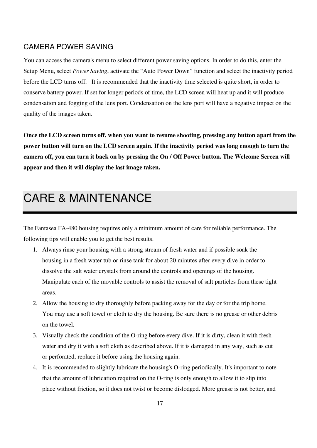 Canon FA-480 manual Care & Maintenance, Camera Power Saving 