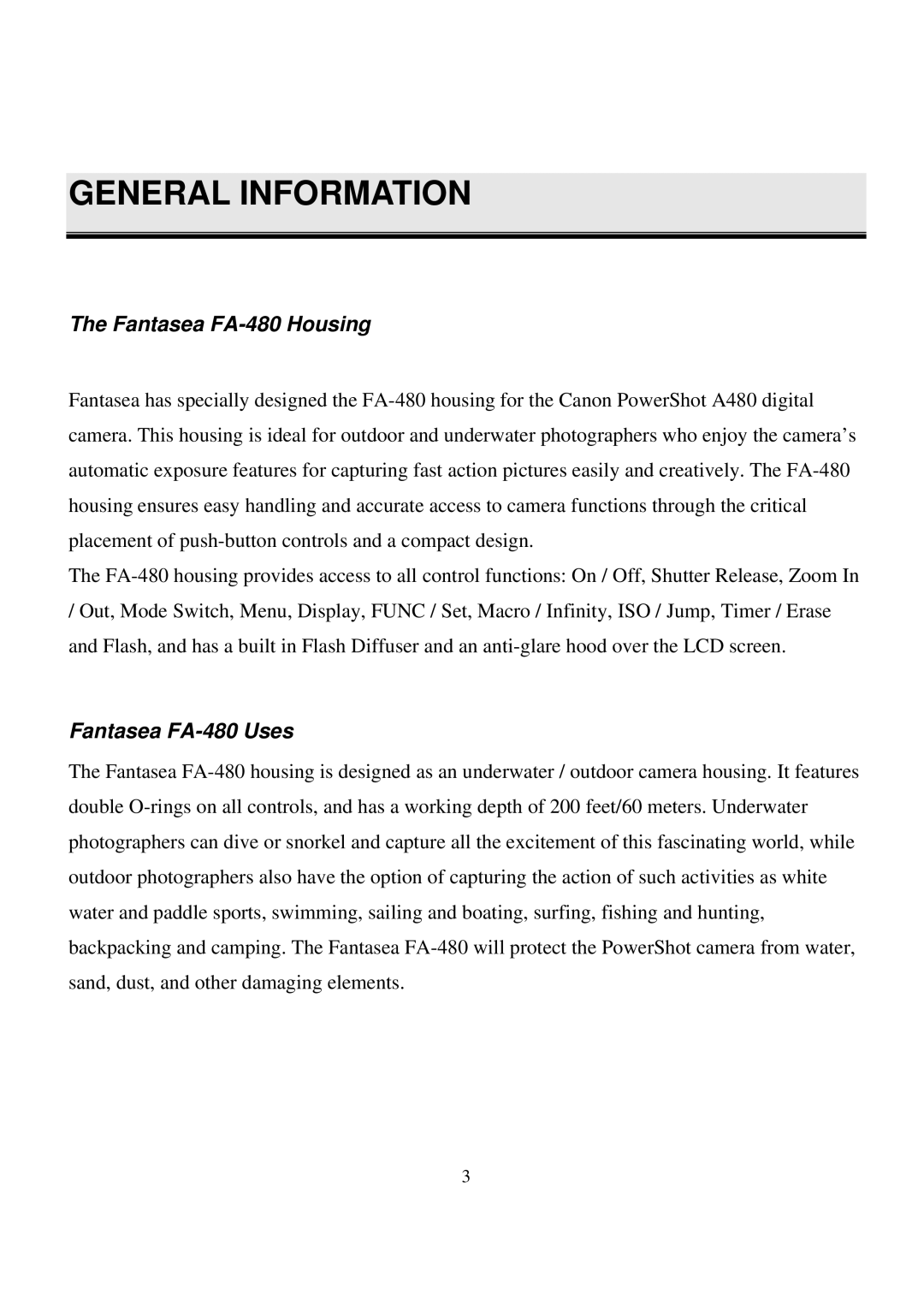 Canon manual General Information, Fantasea FA-480 Housing 