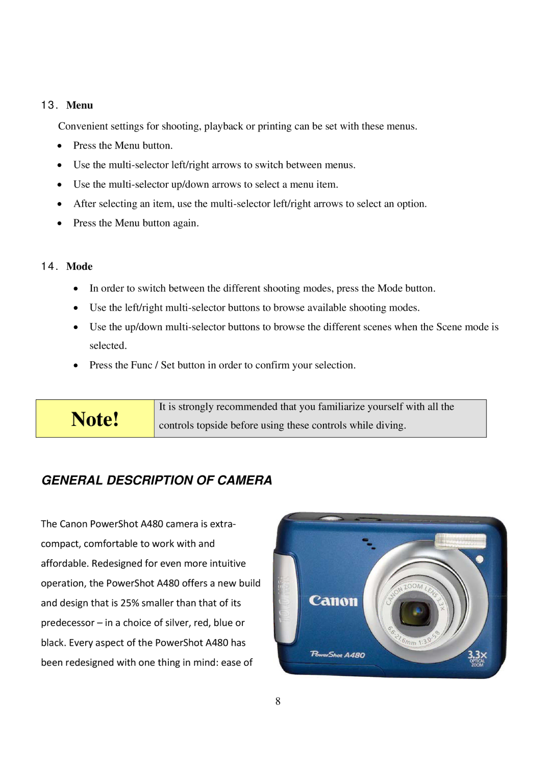 Canon FA-480 manual General Description of Camera, Menu, Mode 