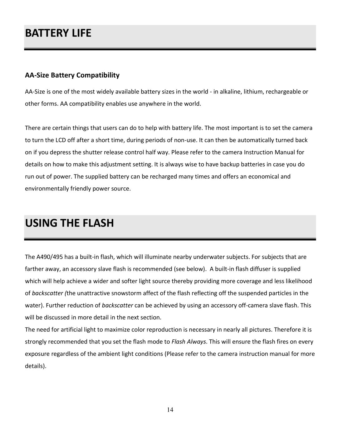 Canon FA-495, FA-490 instruction manual Battery Life, Using the Flash, AA-Size Battery Compatibility 