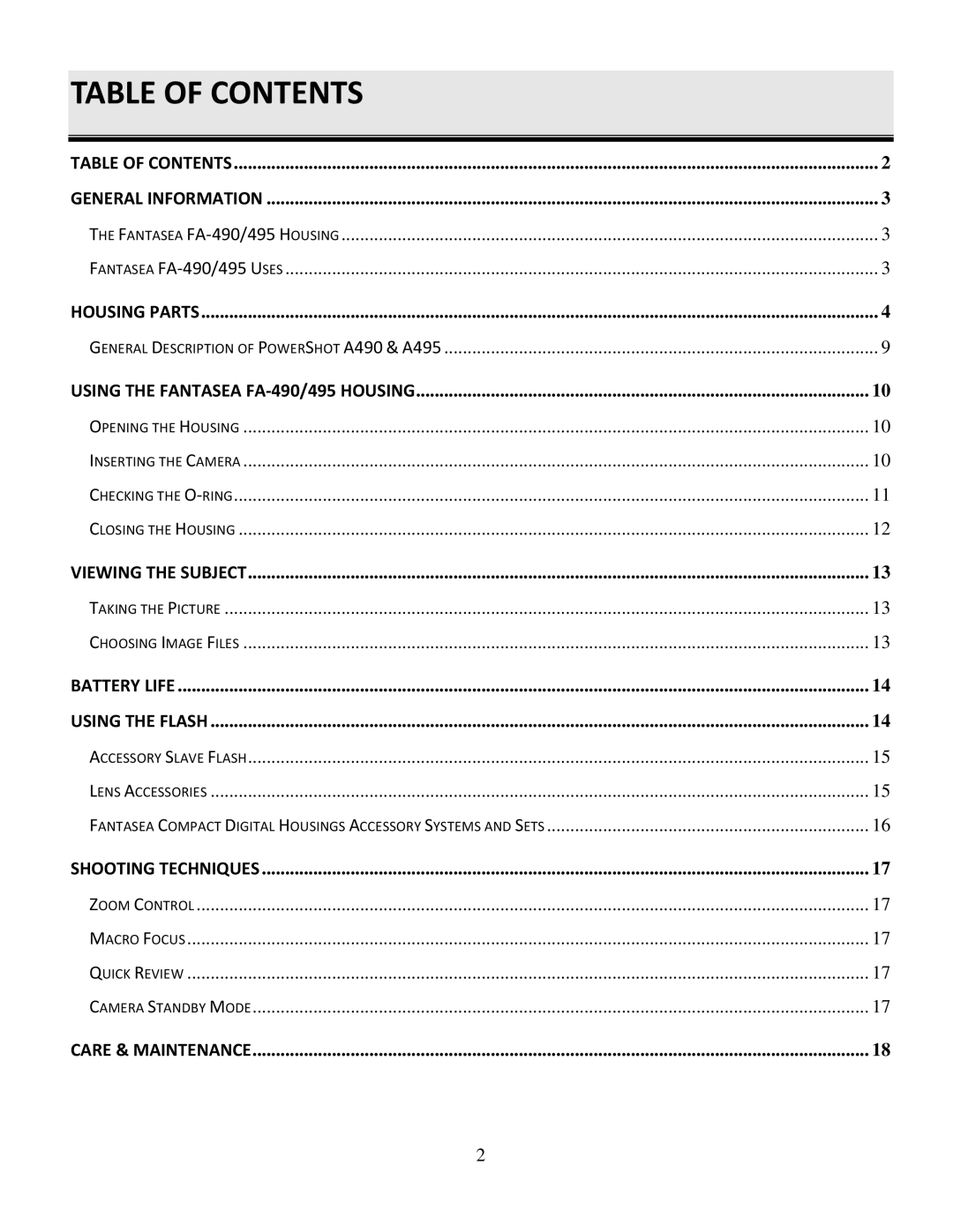 Canon FA-495, FA-490 instruction manual Table of Contents 