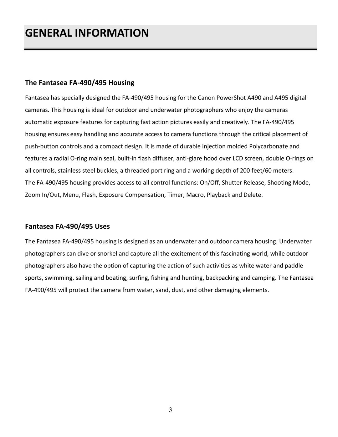 Canon FA-495 instruction manual General Information, Fantasea FA-490/495 Housing, Fantasea FA-490/495 Uses 