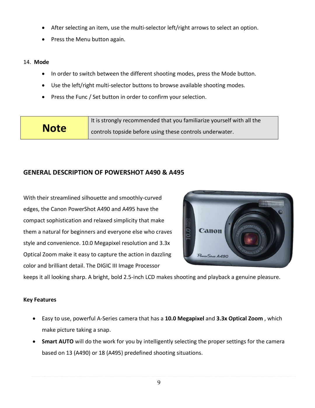 Canon FA-490, FA-495 instruction manual General Description of Powershot A490 & A495, Mode, Key Features 