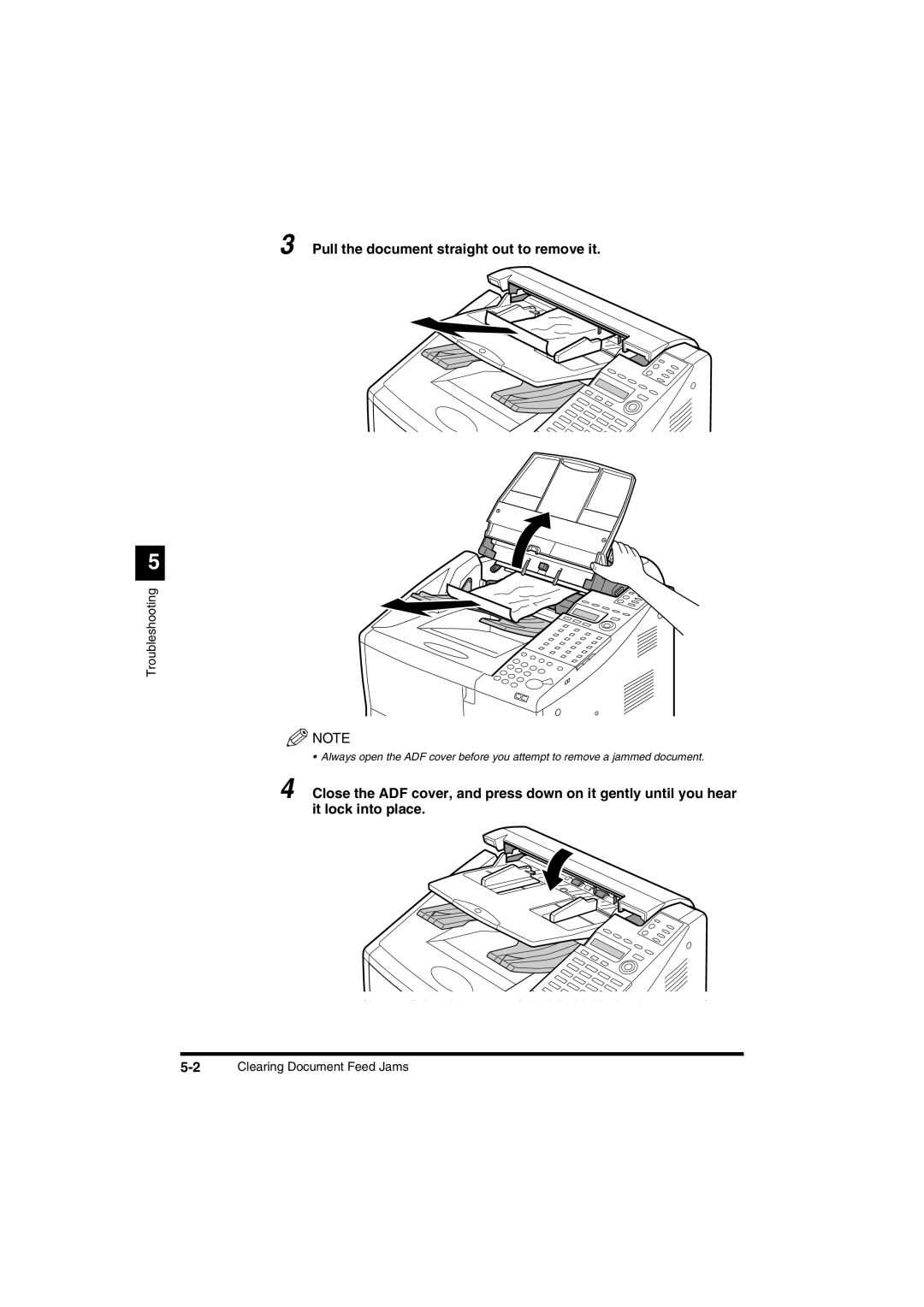 Canon FAX-L2000IP manual Pull the document straight out to remove it, Troubleshooting, 2Clearing Document Feed Jams 