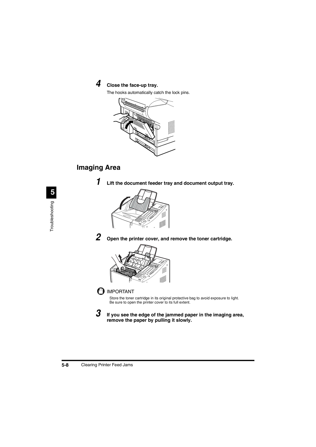 Canon FAX-L2000IP manual Close the face-up tray, Hooks automatically catch the lock pins, 8Clearing Printer Feed Jams 