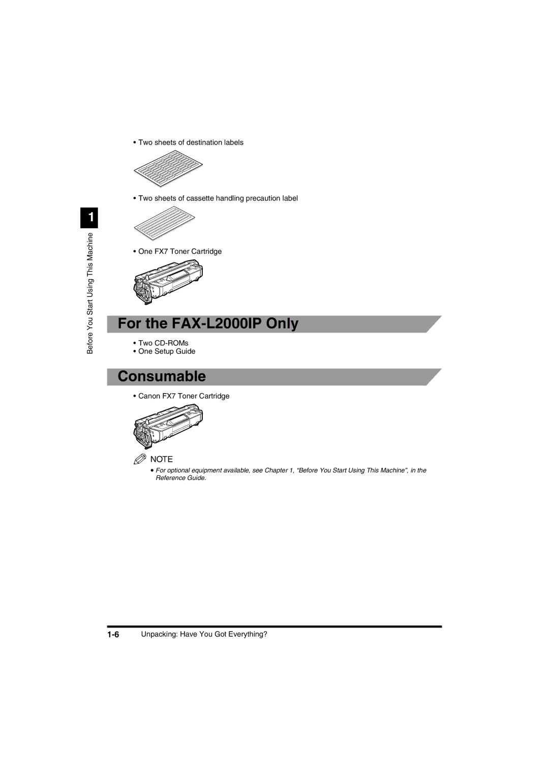 Canon manual For the FAX-L2000IP Only, Consumable, Two CD-ROMs One Setup Guide, Canon FX7 Toner Cartridge 