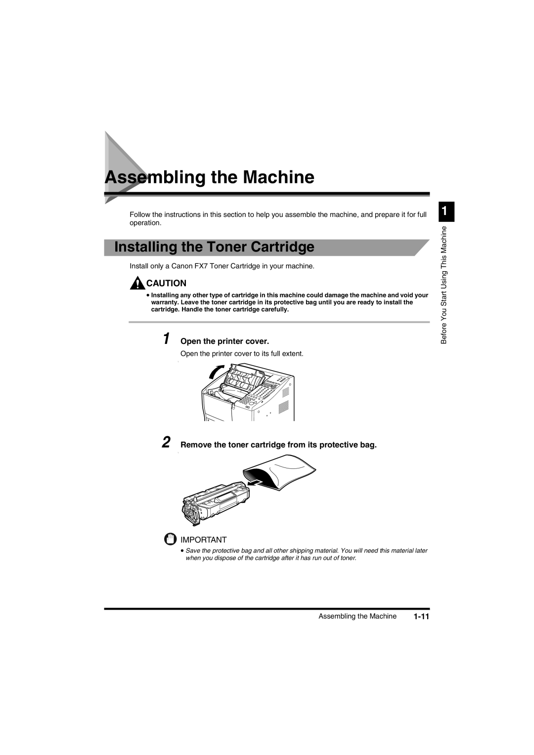 Canon FAX-L2000IP manual Assembling the Machine, Installing the Toner Cartridge 