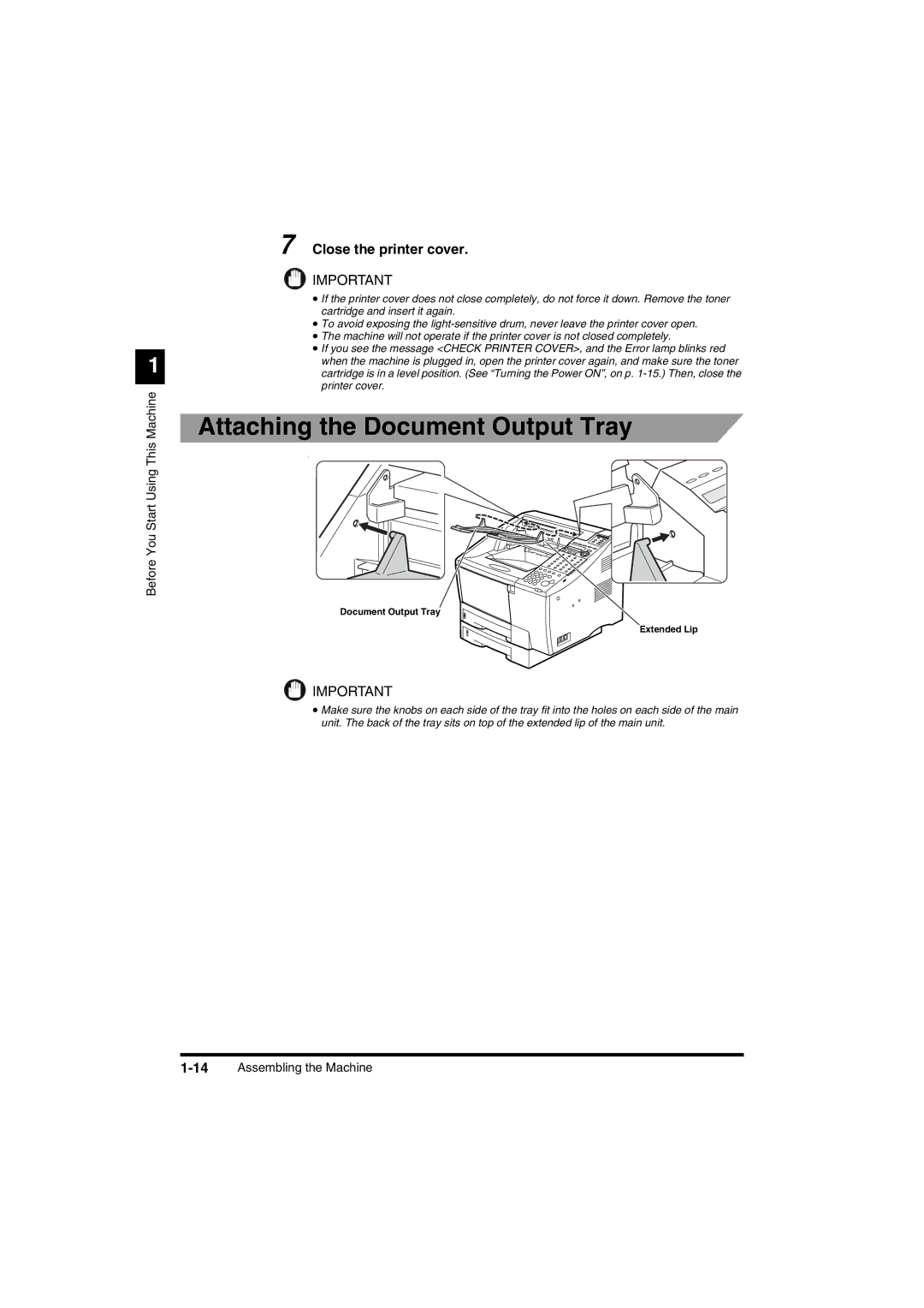 Canon FAX-L2000IP manual Attaching the Document Output Tray, 14Assembling the Machine 