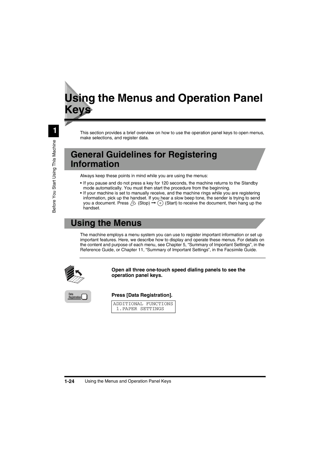 Canon FAX-L2000IP manual Using the Menus and Operation Panel Keys, General Guidelines for Registering Information 