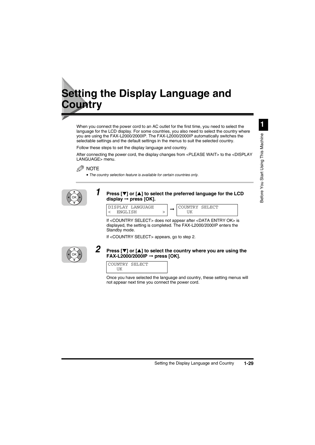 Canon FAX-L2000IP manual Setting the Display Language and Country, Display Language Country Select English 