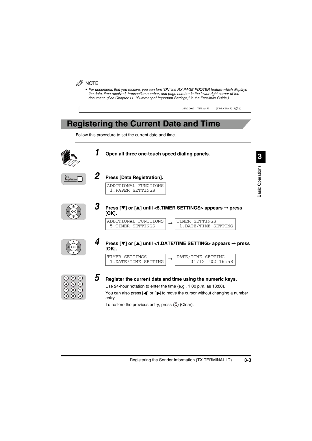 Canon FAX-L2000IP manual Registering the Current Date and Time, Press or until 5.TIMER Settings appears press 