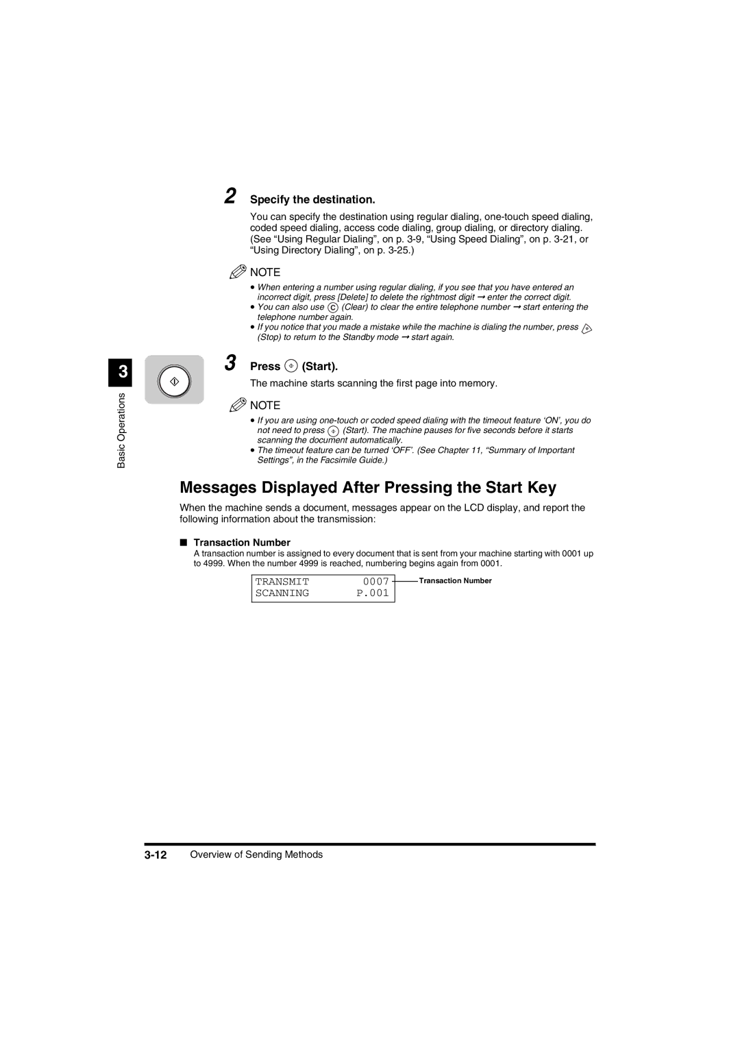 Canon FAX-L2000 manual Specify the destination, Transmit, Scanning, Transaction Number, 12Overview of Sending Methods 