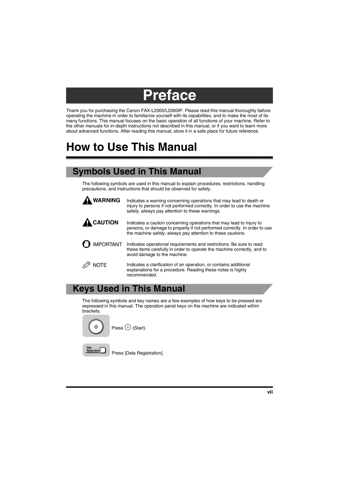 Canon FAX-L2000IP manual How to Use This Manual, Symbols Used in This Manual, Keys Used in This Manual, Vii 