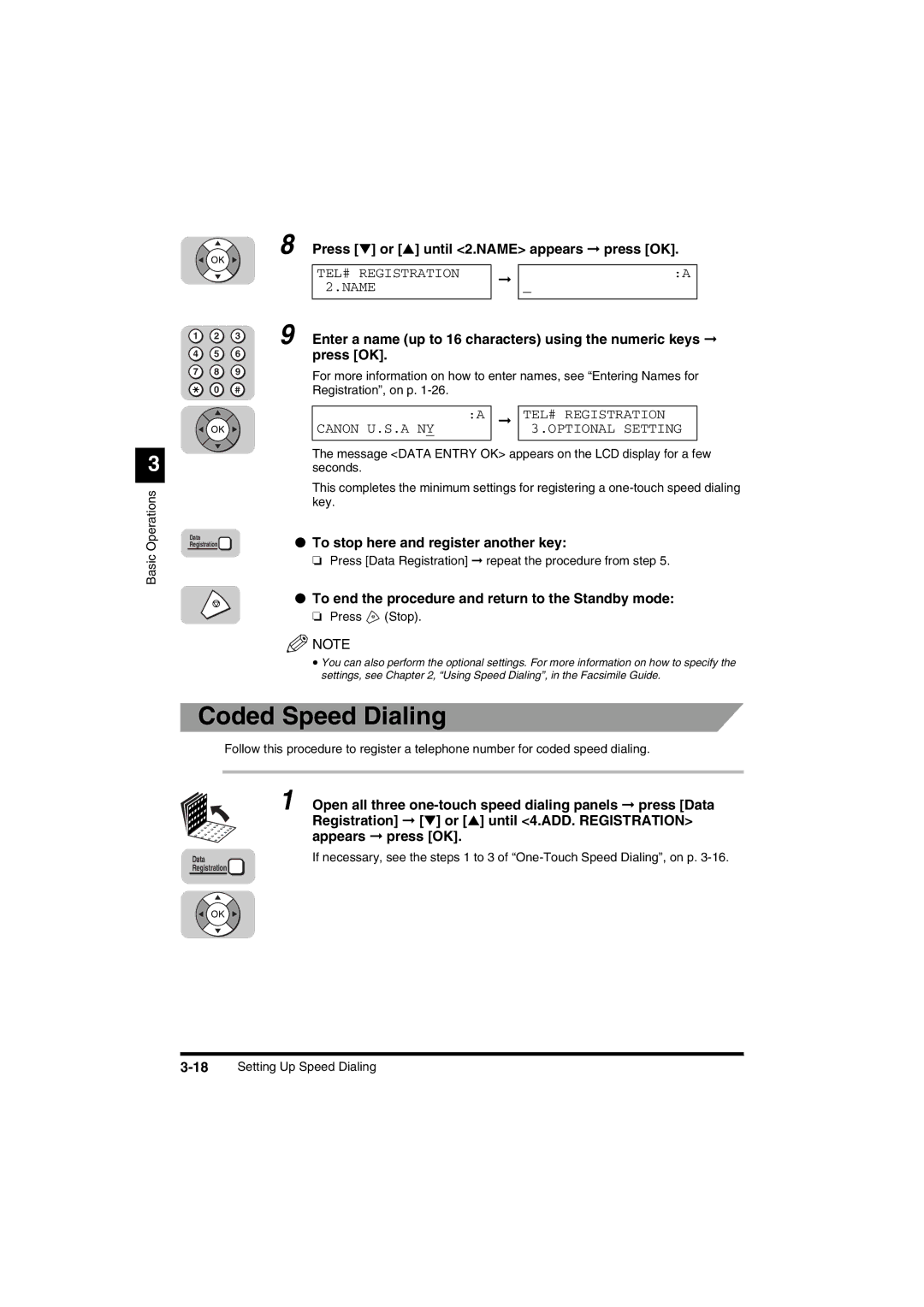 Canon FAX-L2000IP manual Coded Speed Dialing, Press or until 2.NAME appears press OK 