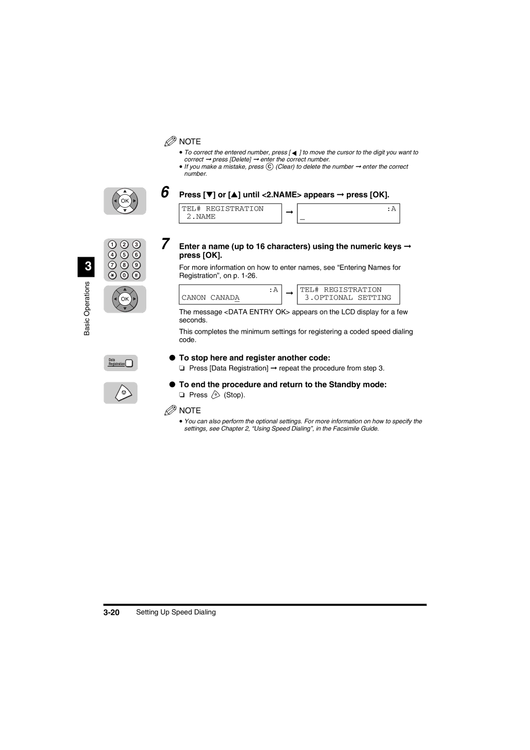 Canon FAX-L2000 manual TEL# Registration Name, Canon Canad a Optional Setting, To stop here and register another code 