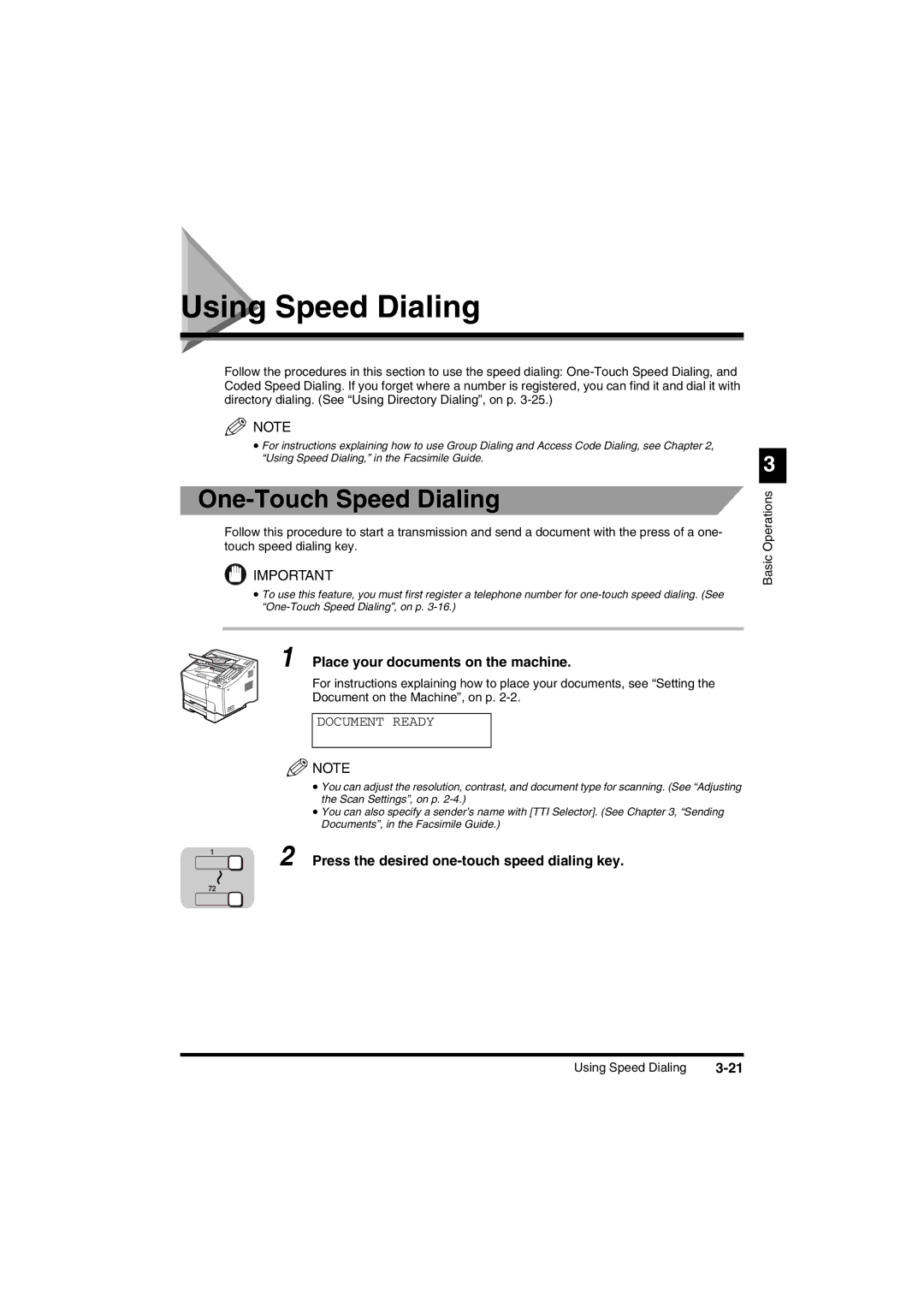 Canon FAX-L2000IP manual Press the desired one-touch speed dialing key, Basic Operations Using Speed Dialing 