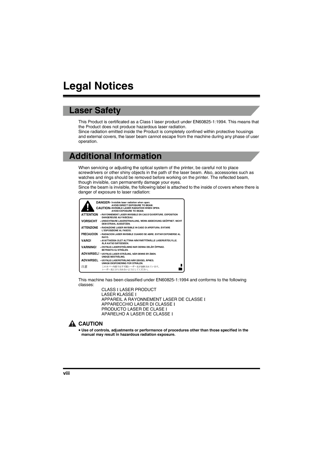 Canon FAX-L2000IP manual Legal Notices, Laser Safety, Additional Information, Viii 