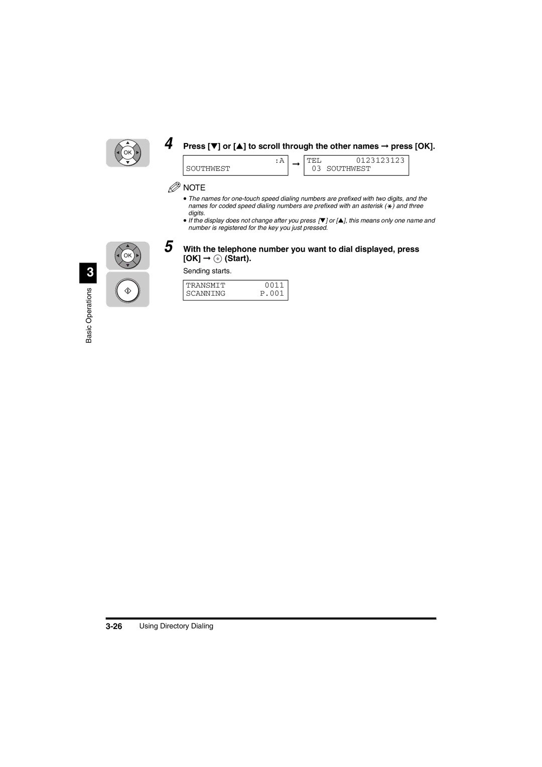 Canon FAX-L2000IP manual Press or to scroll through the other names press OK, Tel, Southwest, Sending starts 