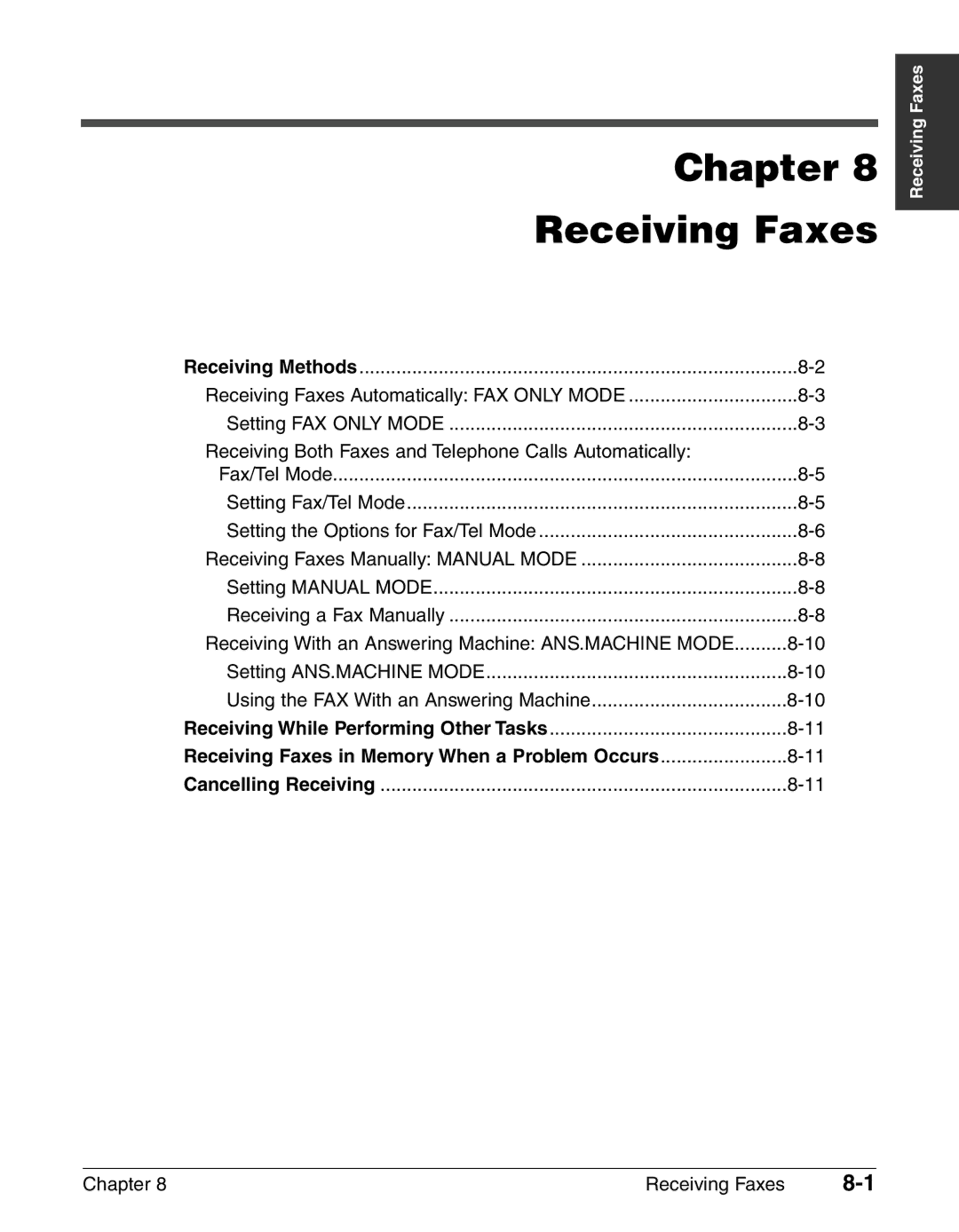 Canon FAX-L240, FAX-L290 manual Chapter Receiving Faxes, Setting Fax/Tel Mode Setting the Options for Fax/Tel Mode 