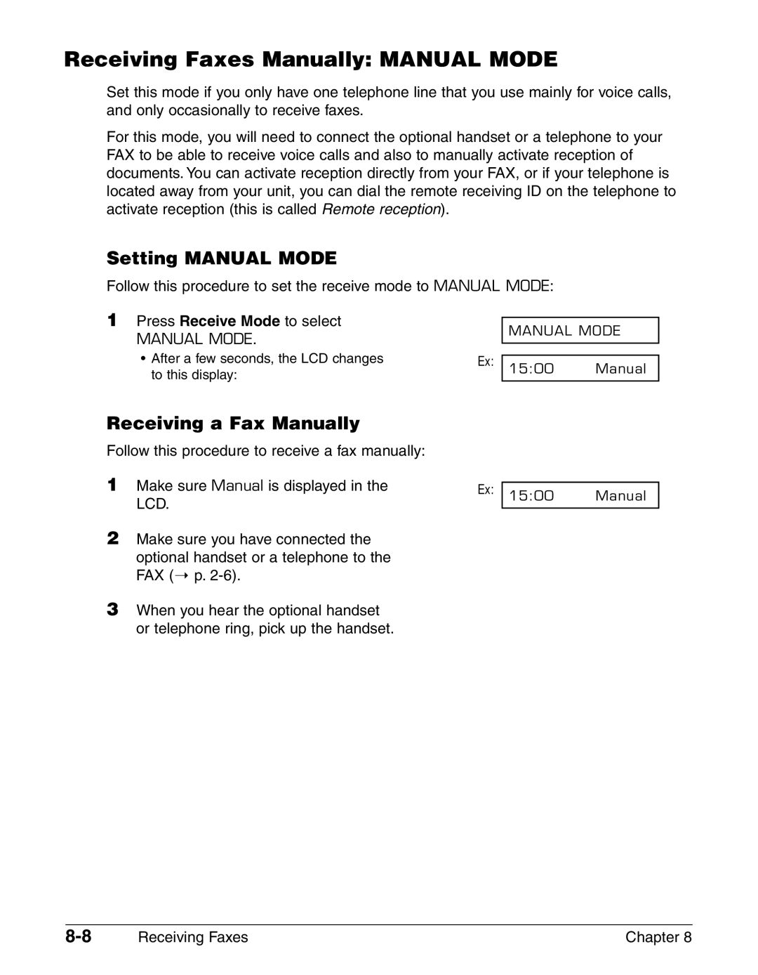 Canon FAX-L290, FAX-L240 manual Receiving Faxes Manually Manual Mode, Setting Manual Mode, Receiving a Fax Manually 