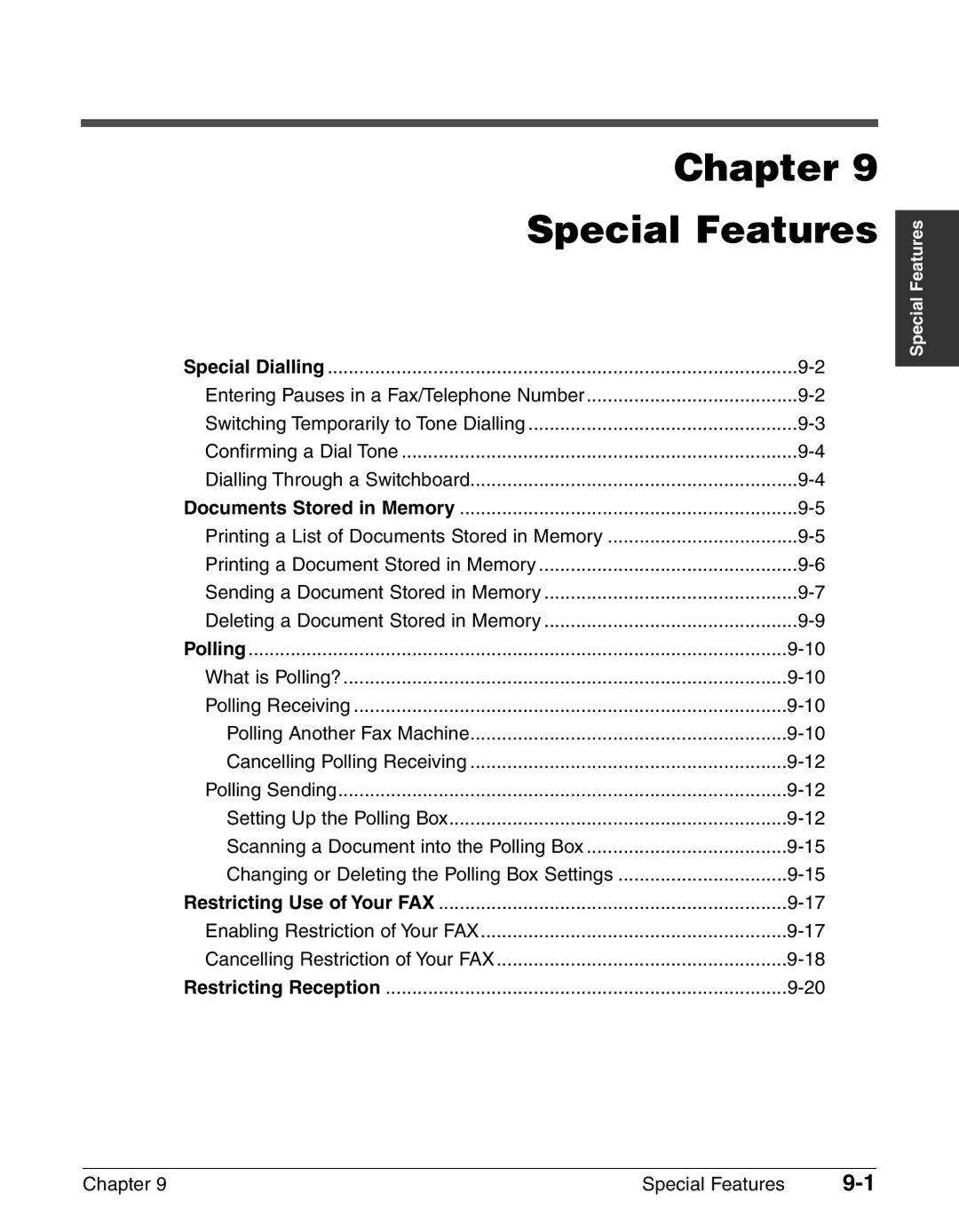 Canon FAX-L240, FAX-L290 manual Chapter Special Features, Entering Pauses in a Fax/Telephone Number 